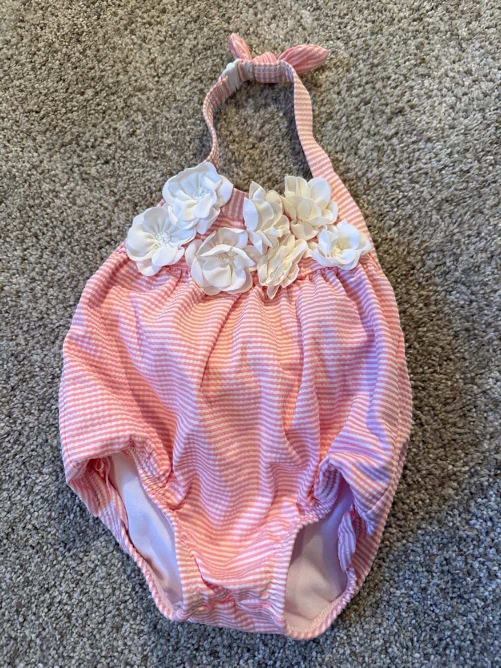 Janie and Jack Pink Striped Baby Swimsuit with Bow Detail